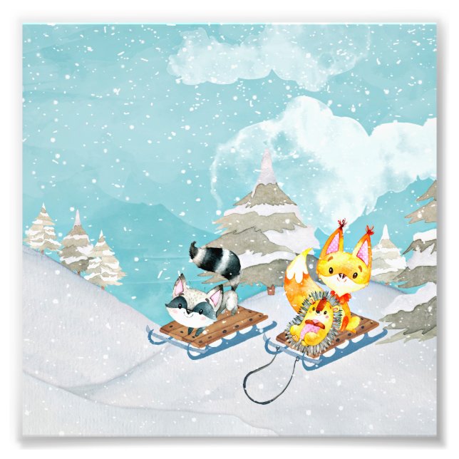 Winter Woodland Friends - Fox Hedgehog Illustratio Fototryck (Framsidan)