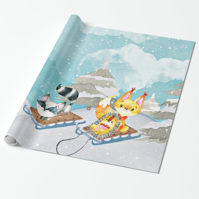 Winter Woodland Friends - Fox Hedgehog Illustratio Presentpapper (Utrullad)