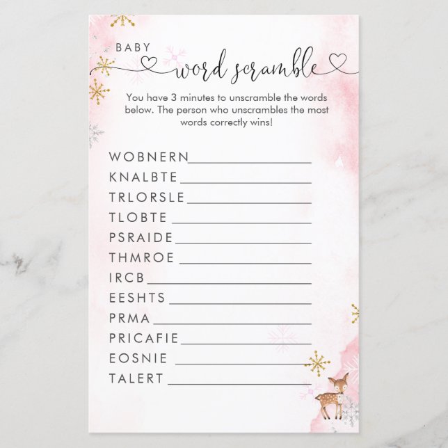 Winter Woodland Girl Baby Shower Ord Scramble (Framsida)