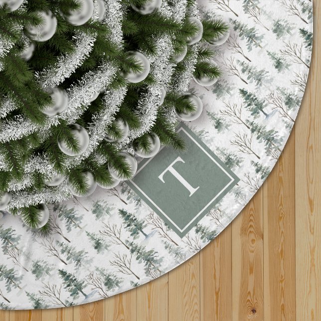 Winter Woodland Gräs Träd Mönster Monogram Julgransmatta Borstad Polyester (Skapare uppladdad)