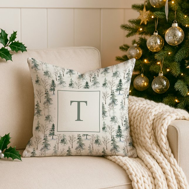 Winter Woodland Gräs Träd Mönster Monogram Kudde (Skapare uppladdad)