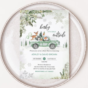 Winter Woodland Grönt Lastbil Baby Shower Inbjudningar