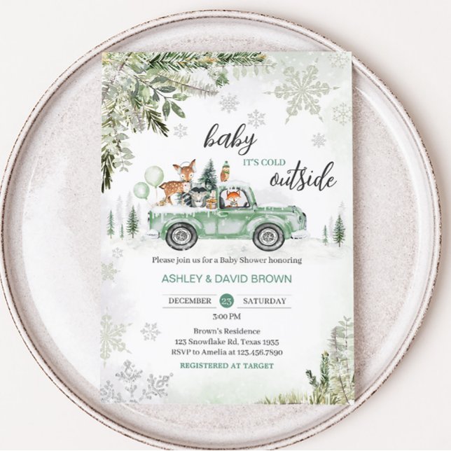 Winter Woodland Grönt Lastbil Baby Shower Inbjudningar (Sage Green Winter Truck Baby Shower Invitation)