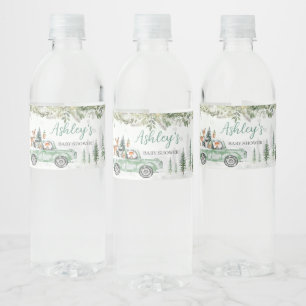 Winter Woodland Grönt Lastbil Baby Shower Vattenflaskor Etikett