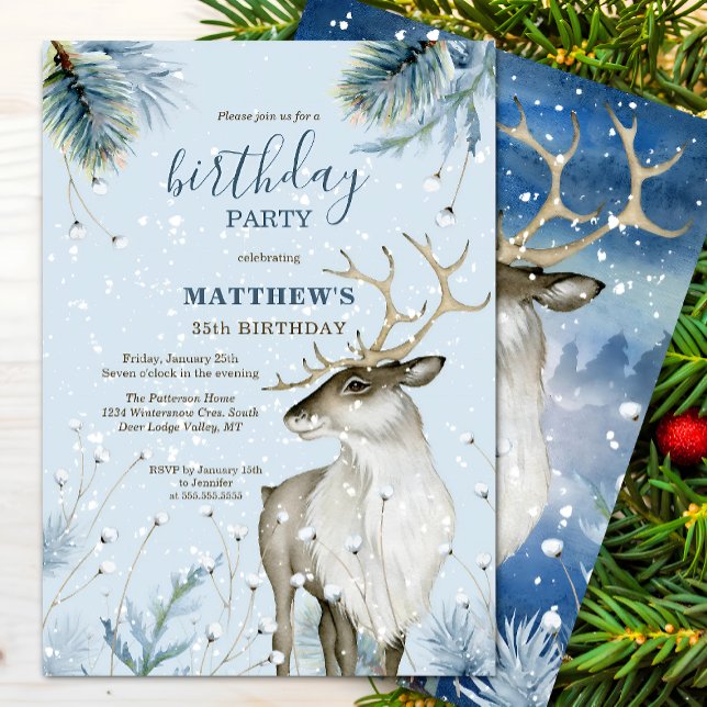 Winter Woodland Hjort Födelsedagsfest Inbjudningar (Winter wonderland deer birthday party invitation front and back view.)