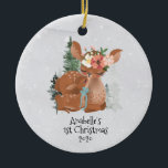 Winter Woodland Hjort Mamma Baby 1:a jul Julgransprydnad Keramik<br><div class="desc">Den här designen har skapats genom digital grafik. Det kan vara personlig i området att tillhandahålla eller anpassa genom att klicka för att anpassa ytterligare alternativ och ändra namn, initialer eller ord. Du kan också ändra texten färg och stil eller ta bort texten för en bilddesign. Kontakta mig på colorflowcreations@gmail.com...</div>