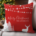 Winter Woodland Hjort Red Family Jul Kudde<br><div class="desc">Fira helgdagarna med eleganten Winter Woodland Hjort dekorativ kudde, med ett anpassningsbar monogram. Rikens röda bakgrund är adorberad med en serenvit vedlandscen, komplett med en stor hjort och med två stjärnor. Anpassa den med din familj namn för att skapa en snygg och sofistikerad kontakt till din hemdekanter. Perfekt för att...</div>