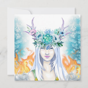 Winter Woodland Maiden Yule Fire Pagan Julkort