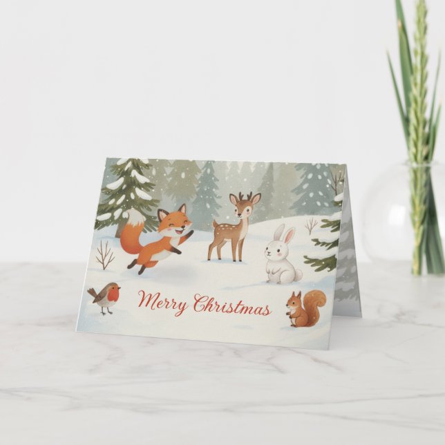 Winter Woodland Merry Christmas Forest Animals Helgkort (Framsida)