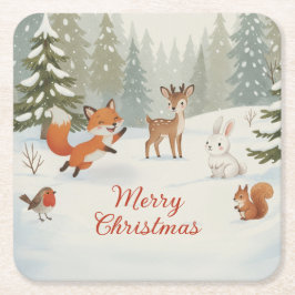 Winter Woodland Merry Christmas Forest Animals Underlägg Papper Kvadrat