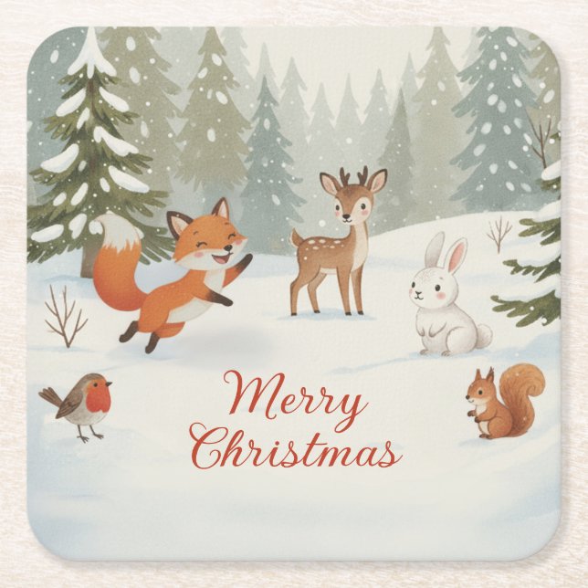 Winter Woodland Merry Christmas Forest Animals Underlägg Papper Kvadrat (Framsidan)