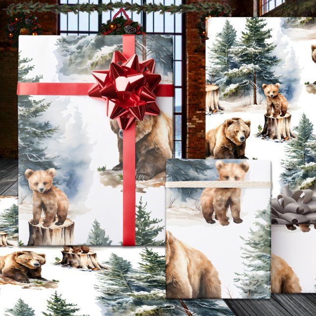 Winter Woodland Mor & Unge Grizzly Bear Land Presentpapper (Winter Woodland Mother & Cub Grizzly Bear Country Wrapping Paper Rolls)