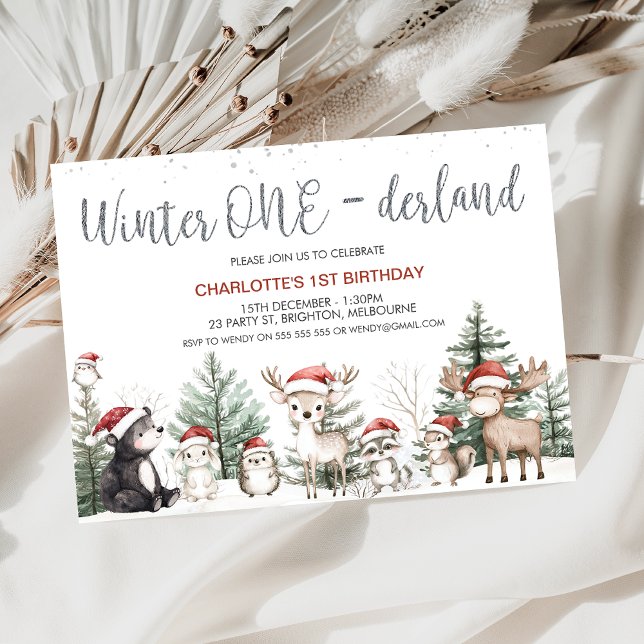 Winter Woodland Onederland 1:a födelsedag Inbjudningar (Winter Onederland 1st Birthday Invitation, Woodland Animals, Christmas Season First Birthday Invite)