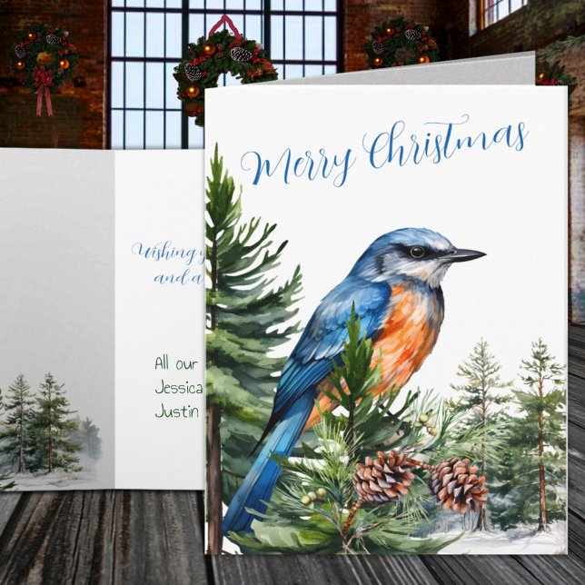 Winter Woodland Östra Bluebird Gräs Träd Forest Helgkort (Winter Woodland Eastern Bluebird Pine Tree Forest Holiday Card)