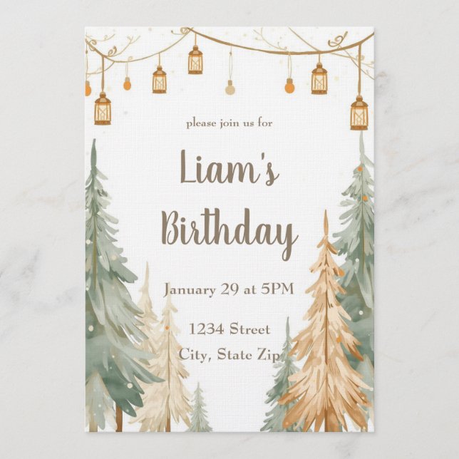 Winter Woodland Photo Birthday Invitation – Pastel Inbjudningar (Framsida)