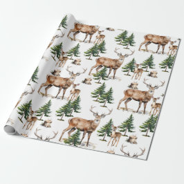 Winter Woodland Reindeer Family Gräs Träd Forest Presentpapper