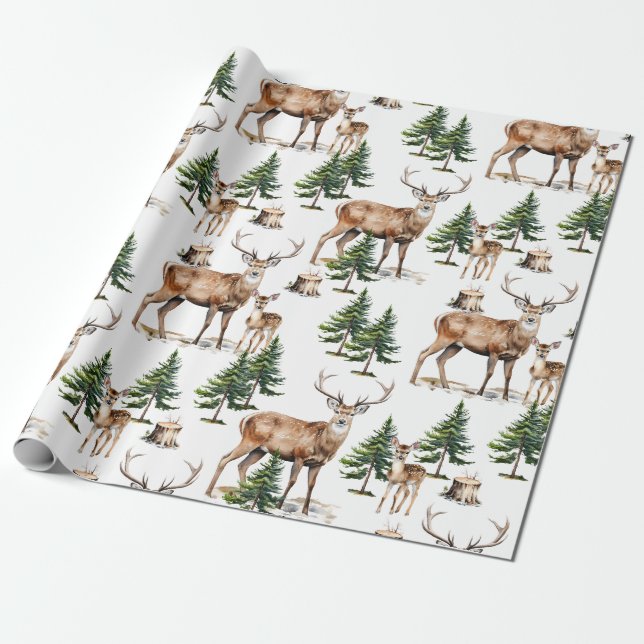 Winter Woodland Reindeer Family Gräs Träd Forest Presentpapper (Utrullad)
