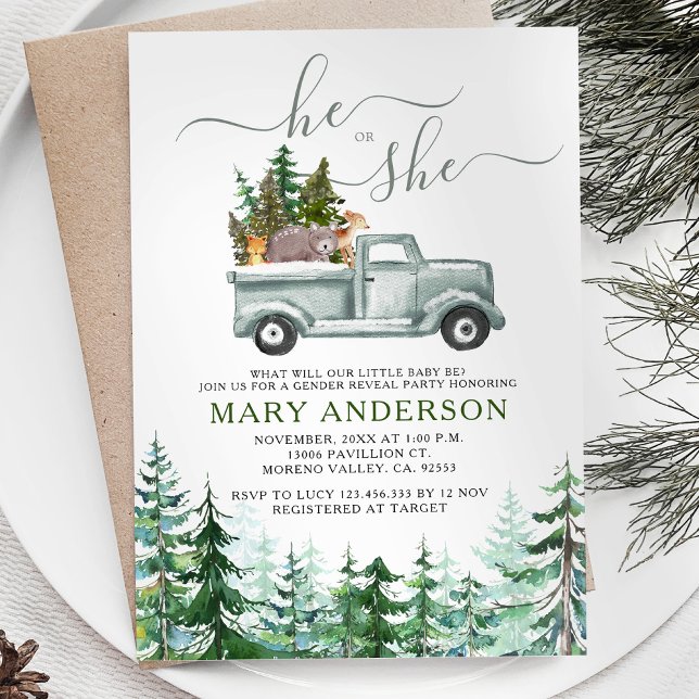 Winter Woodland Rustic Forest Gender Reveal inbjud Inbjudningar (Skapare uppladdad)