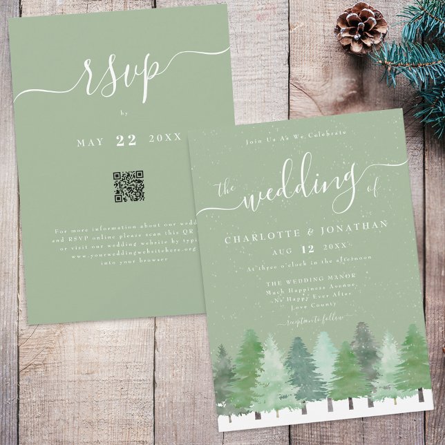 Winter Woodland Sage Grönt Bröllop QR-kod Inbjudningar (Winter Woodland forest watercolor sage green and white wedding qr code invitation)