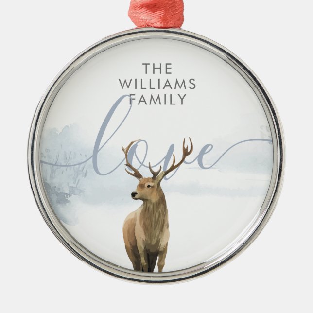 Winter Woodland Scene Stag Namn Julgransprydnad Metall (Framsidan)