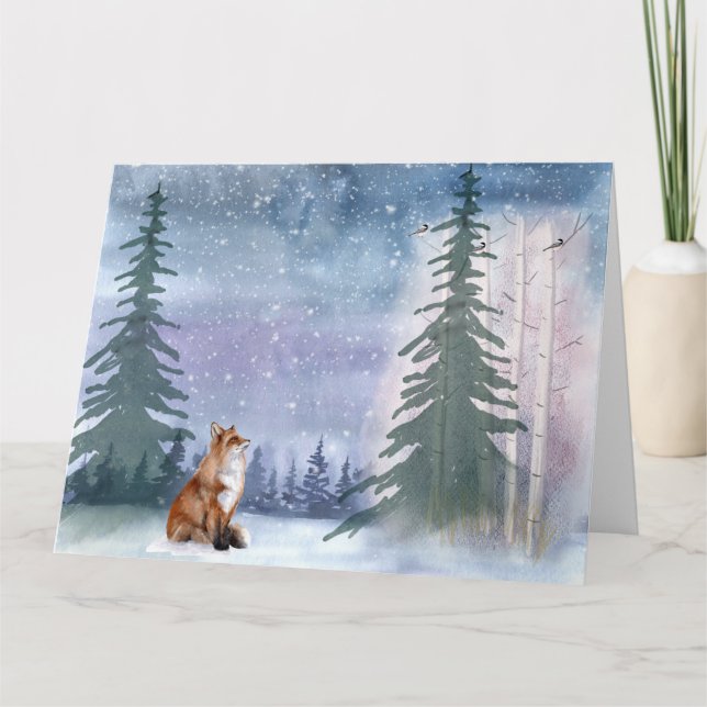 Winter Woodland Snowy Fox & Bird Kort (Framsida)