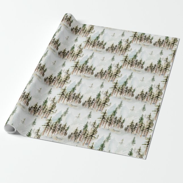 Winter Woodland Snowy Gräs Träd Forest Scene Presentpapper (Utrullad)