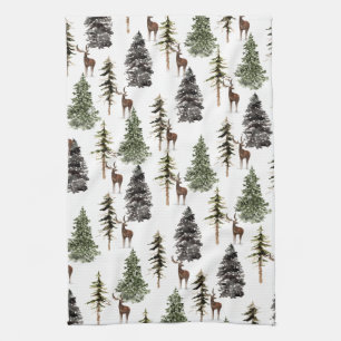 Winter Woodland Snowy Spruce Träd & Stag Kökshandduk