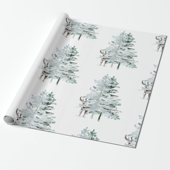 Winter Woodland Träd & Hjort Presentpapper (Utrullad)
