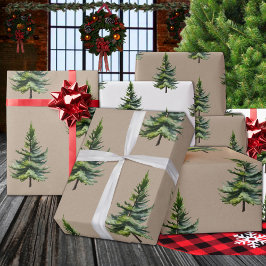 Winter Woodland Watercolor Fir Träd Kraft Presentpapper