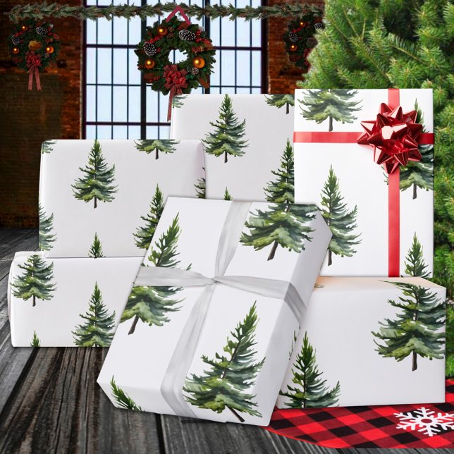 Winter Woodland Watercolor Fir Träd Presentpapper (Winter Woodland Watercolour Pine Trees Wrapping Paper Rolls)