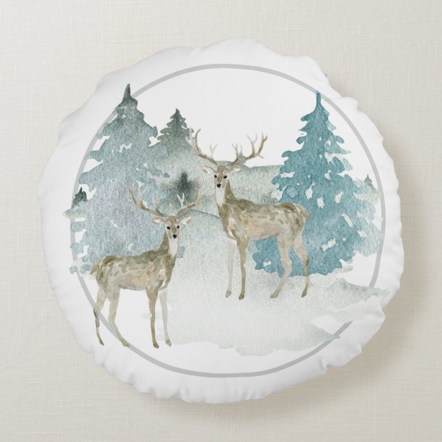 Winter Woodland Watercolor Hjort Rund Kudde (Baksidan)