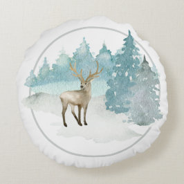 Winter Woodland Watercolor Hjort Rund Kudde