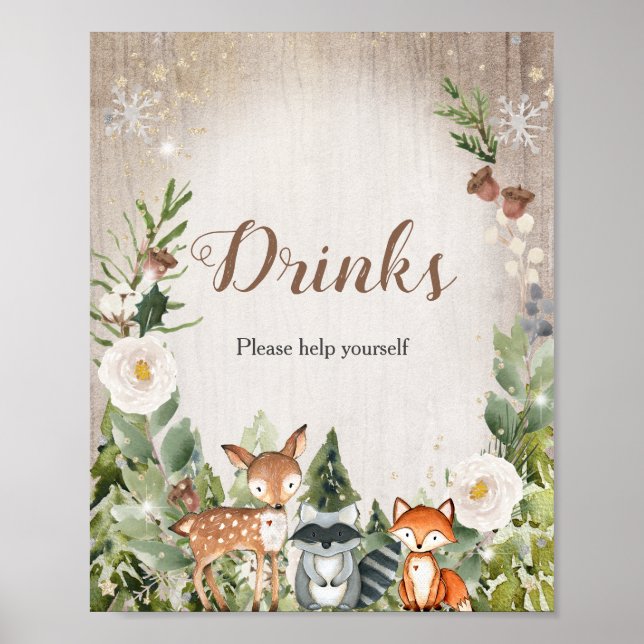 Winter Woodland White Blommigt Ta ett Drinks-tecke Poster (Framsidan)