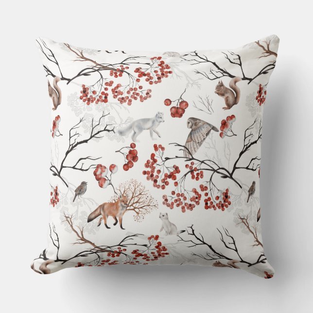 Winter Woodland Wildlife Fox Squirrel Berries Twig Kudde (Framsida)