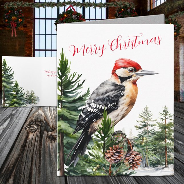 Winter Woodpecker i skogen Gräs Träd Helgkort (Winter Woodland Woodpecker In A Pine Tree Forest Holiday Card)