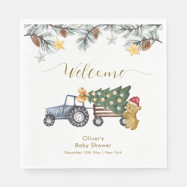 Winter X'mas Tree Tractor Bear Baby Shower Welcome Pappersservett (Framsidan)
