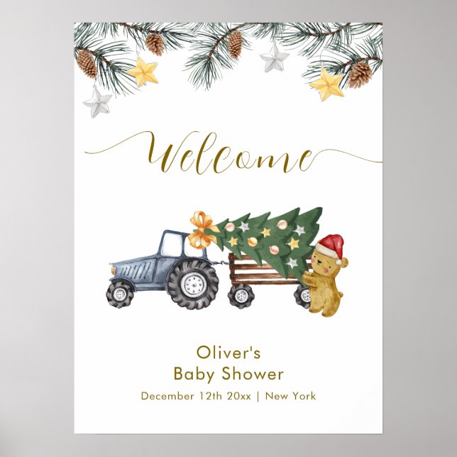 Winter X'mas Tree Tractor Bear Baby Shower Welcome Poster (Framsidan)