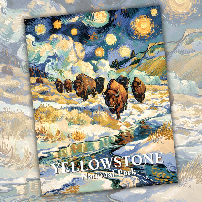 Winter Yellowstone Bison Van Gogh Starry Night Vykort (Winter Yellowstone Bison Van Gogh Starry Night Postcard)