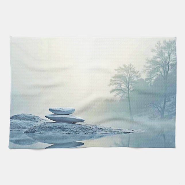 Winter Zen: Foggy Sjö Balance Kökshandduk (Horisontell)