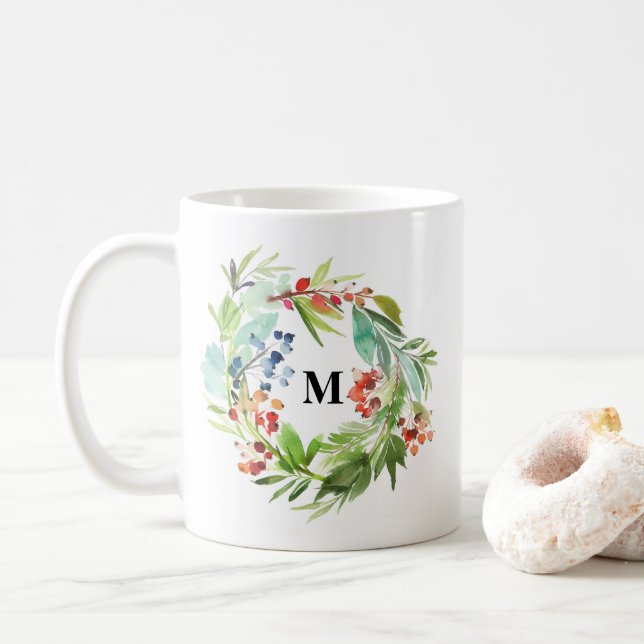 Winterberry Holly och Juniper jul Monogram Kaffemugg (Med munk)