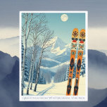 Wintergreen Virginia ski resort Postcard Vykort<br><div class="desc">Hej från snöbergen i Wintergreen,  Virginia,  Blue Ridge Mountains! Vi hoppas att du har en underbar skidsemester. Detta vykort har ett fantastiskt blått grått-bergslandskap med retro-skidbrädor i ett orange-stam mönster. Alla textfraser kan anpassas till kostym!</div>