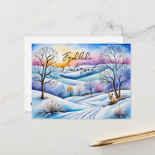 Winterlandschaft in der Abenddämmerung mit Fuchs | Vykort (Fram/Back In Situ)
