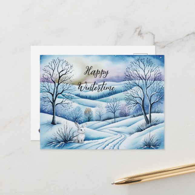 Winterlandschaft in der Abenddämmerung mit Hase | Vykort (Fram/Back In Situ)