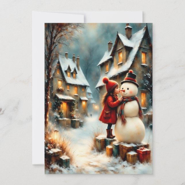 Winterliche Dorfszene mit Mädchen und Schneemann Inbjudningar (Framsida)