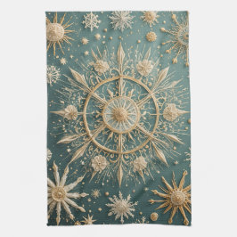 Winter's Golden Embrace: en snöflingserenat Kökshandduk