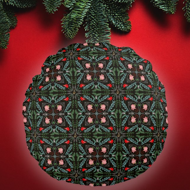 Winters Snöflingor, Poinsettias, kardinals Rund Kudde (Skapare uppladdad)