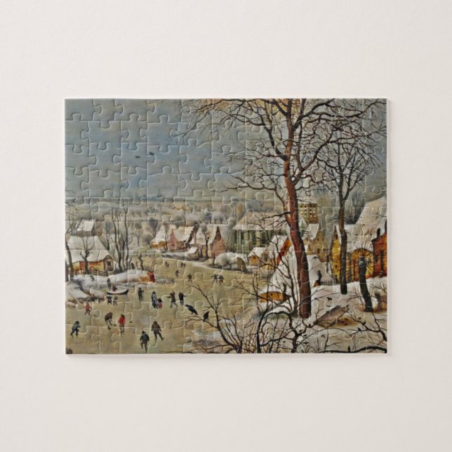 Winterscape på en damm med fåglar pussel (Horisontell)