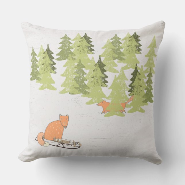 Wintertime - Sledding Fox - Illustration Kudde (Framsida)