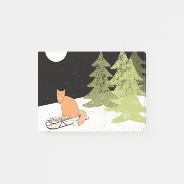 Wintertime - Sledding Fox - Illustration Post-it Block (Framsida)