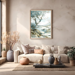 Wintery Cliffside Väg med Bare Träd Poster